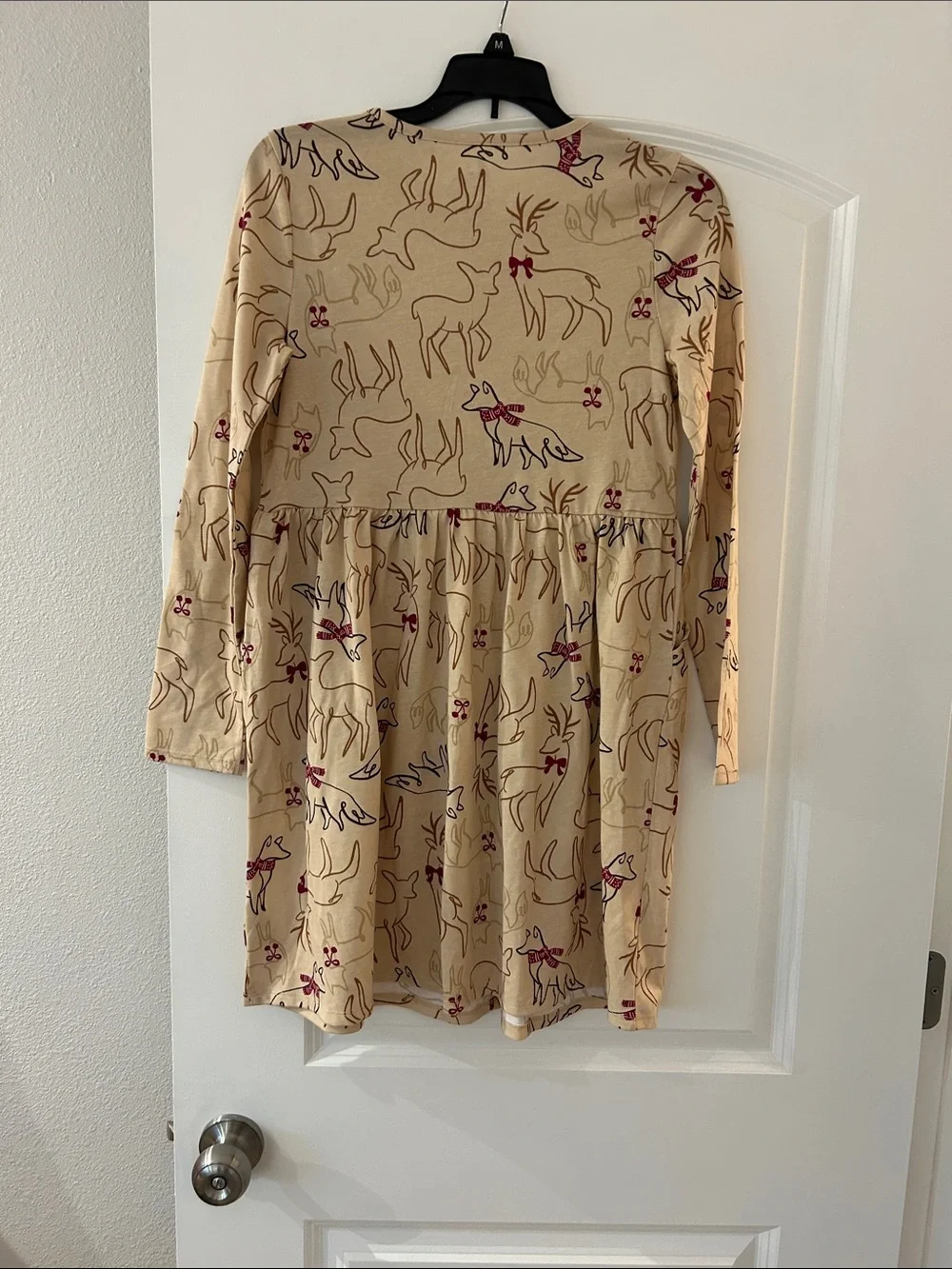 Girls' Cream Deer-Print Long Sleeve Casual Dress- Holiday